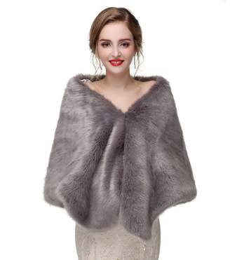 King's Love Elegant Women Long Faux Fox Fur Shawls Wraps Wedding Cape For Evening Party Dresses Grey