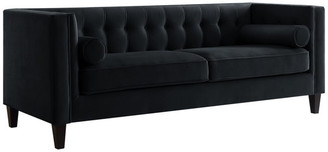 INSPIRED HOME Branwen Velvet Button Tufted Sofa, Square Arms Tapered Leg, Black