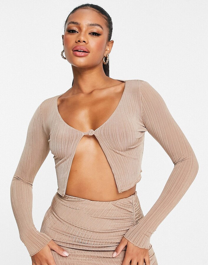 Naked Wardrobe sleeve open cropped top in tan -