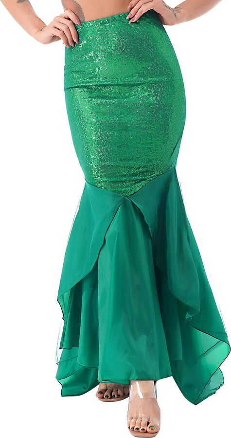 Freebily Women's Mermaid Costume Halloween Cosplay Fancy Dress Sequins Long  Fish Tail Skirt Maxi Skirt Green 3XL - ShopStyle