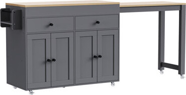74.5" Rolling Kitchen Island Cart With Extendable Dining Table, 4-Door Cabinet, 2 Drawers & Spice Rack - Grey