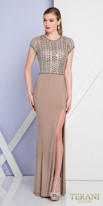 Terani Couture Fully Embellished Cap Sleeve Fitted Evening Dress