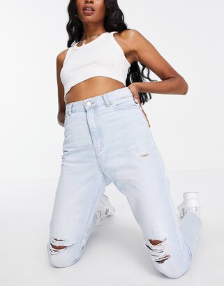 Dr Denim Plus Dr Denim Tall Nora high rise mom jeans with ripped knees in  bleach wash blue - ShopStyle