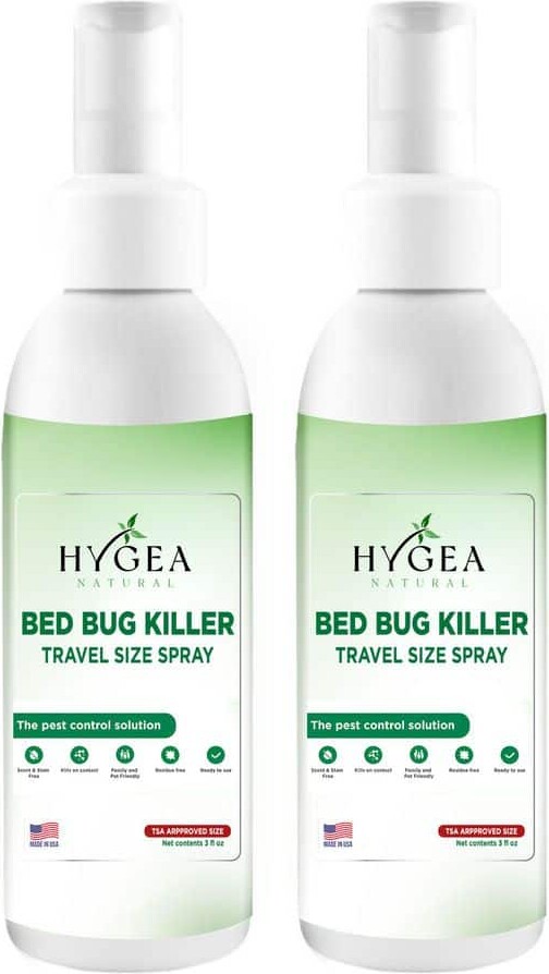 Hygea Natural Travel Bed Bug Spray 3oz. Non Toxic, Odorless, Stainless, TSA approved size Insect Killer 2-pack