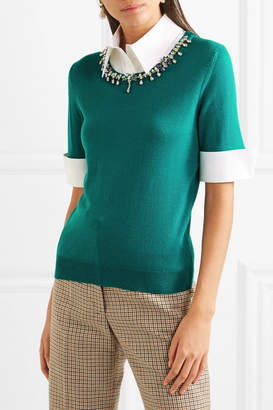 Mary Katrantzou Ella Embellished Layered Cotton-blend Poplin And Wool Sweater - Emerald