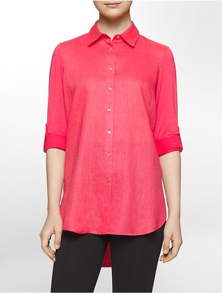 Calvin Klein Womens Linen + Knit Roll-Up Sleeve Tunic Shirt