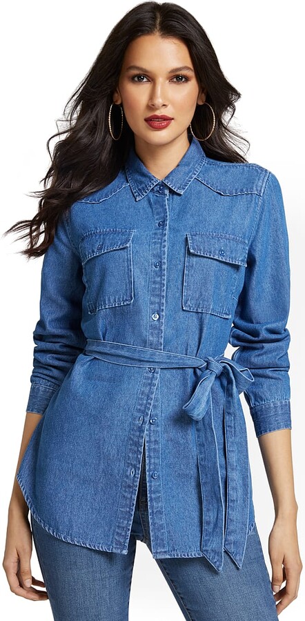 Lunn Women's Fob Bleu Long Sleeve Button Down Tunic Top E126LO301 $160 NEW 