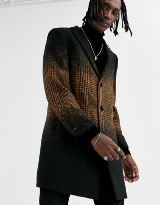 Twisted Tailor overcoat with mustard fade check print in black