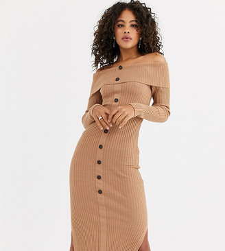 Asos Tall ASOS DESIGN Tall off shoulder midi dress with button detail