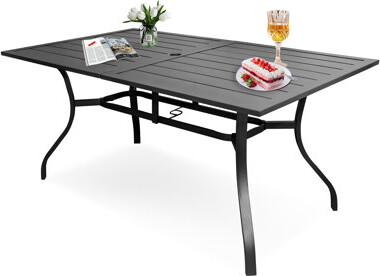 Winston Porter Rectangular Steel Frame Black Outdoor Dining Table With Umbrella Hole