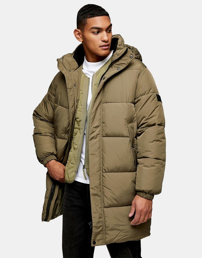 Topman considered longer length puffer jacket in khaki - ShopStyle