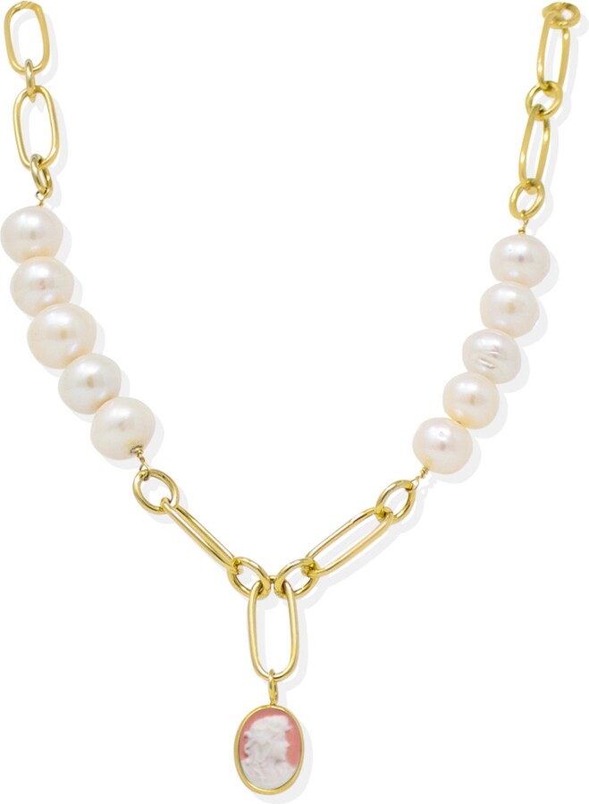 Vintouch Italy Gold / Pink Simonetta Pink Cameo And Pearl Necklace