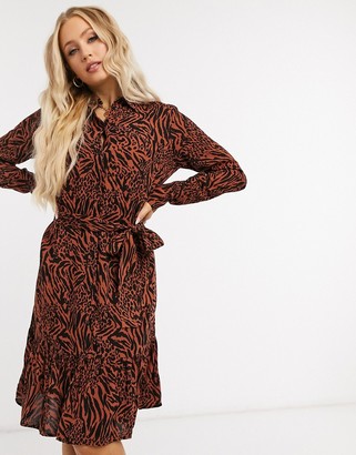 Pieces midi shirt dress with belted waist in animal print