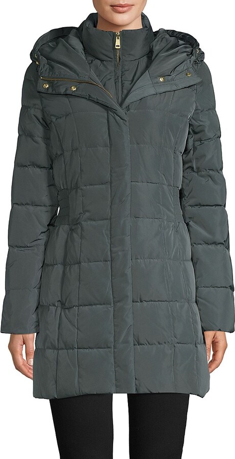 Cole Haan Shirred-Waist Hooded Quilted Down Coat