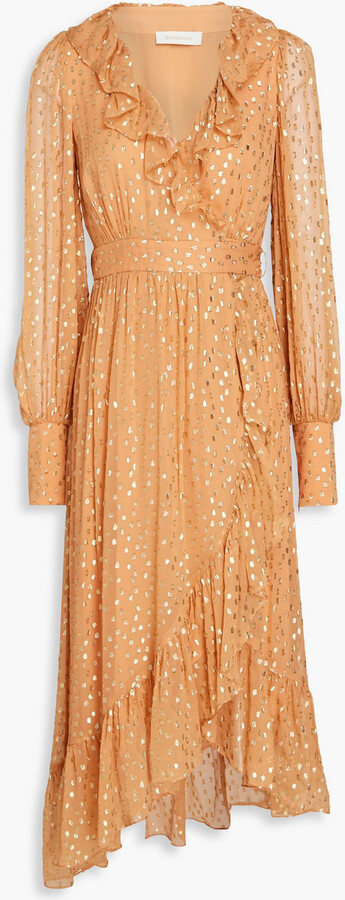 Zimmermann Ruffled metallic fil coupé georgette midi wrap dress - ShopStyle