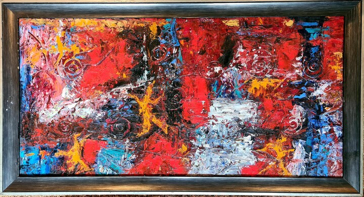 Ernest Engel-Pak, Large Abstract Expressionist Oil on Canvas, Convergence Symphony in Red & Orange, After 1947