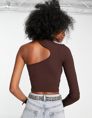 Bershka ribbed cut out asymmetric top in chocolate - ShopStyle