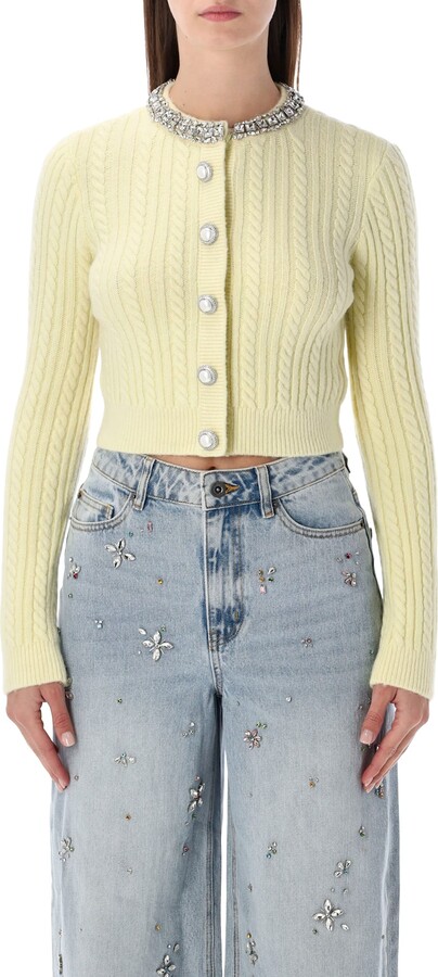 Self-Portrait Yellow Wool Cropped Cardigan With Crystal Collar