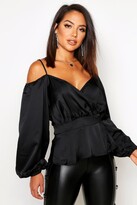 Thumbnail for your product : boohoo Satin Cold Shoulder Peplum Blouse
