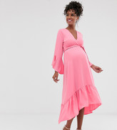 Thumbnail for your product : Queen Bee Maternity wrap front fluted sleeve midi dress in pink