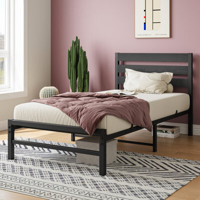 Latitude Run Twin Size Platform Bed Frame With Rustic Vintage Wood Headboard, No Box Spring Needed. Metal Construction 9 Legs And 12 Steel Slats, Supports Up To 25