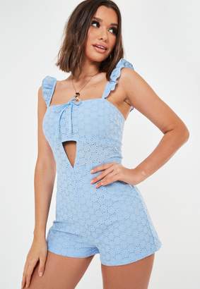 Missguided Blue Broderie Ruffle Strap Playsuit