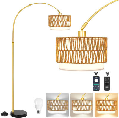 Adjustable Arc Floor Lamp With Rattan & Linen Shades, 3 Color Temperatures, Remote & App Control, 360° Rotating Head, Stable Marble Base For Living Ro