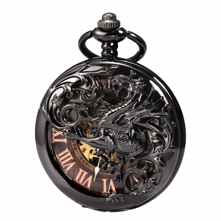 Treeweto Antique Dragon Mechanical Skeleton Pocket Watch with Chain