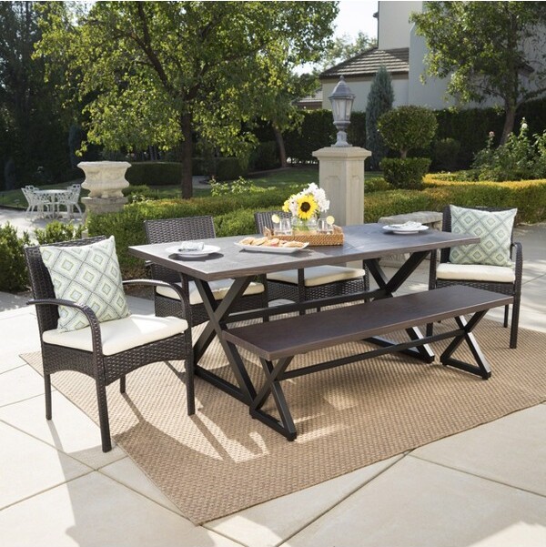 Christopher Knight Home ChristopherKnightHomeMartiniqueOutdoorWickerandAluminum6PieceDiningSetwithBenchCream/Multibrown