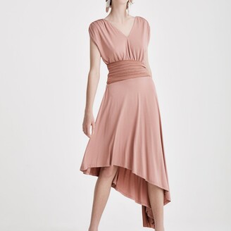 Paisie Midi Asymmetric Drape Dress in Blush
