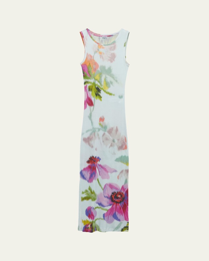 Loewe Floral Print Mesh Sleeveless Ankle Dress