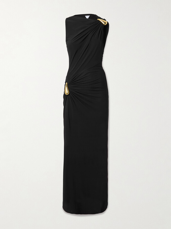 Bottega Veneta Gathered Embellished Crepe-jersey Maxi Dress - Black