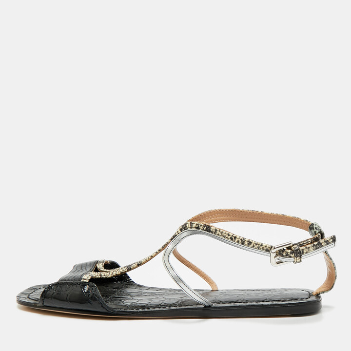 Chloé Size 38.5 Multicolor Croc Embossed Leather and Lizard Embossed Leather Ankle Strap Flats