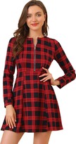 Thumbnail for your product : Allegra K Women's Vintage Plaid Houndstooth Long Sleeve Work Office Zip Up Fit and Flare Mini Dress Aubergine L-16