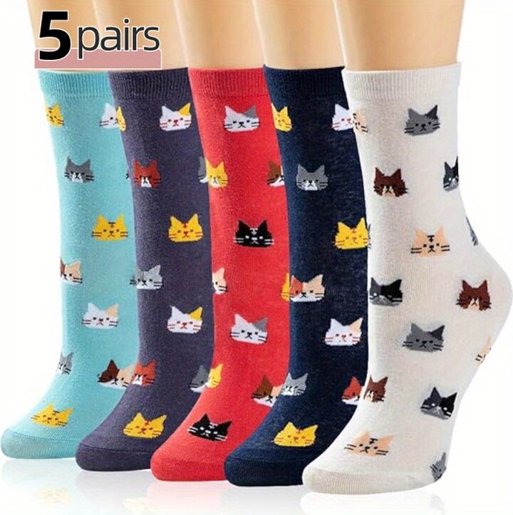 Temu 5 Pairs Women's Casual Cat Print Socks - Cute Animal Pattern, Comfortable & Breathable, Assortment, All-matching Fashion For Autumn Winter, Machine Washable, Cat Socks
