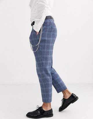 ASOS DESIGN smart tapered trousers in blue check wool mix and pocket chain