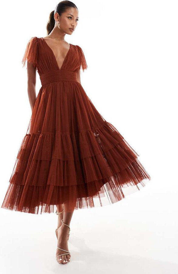 Lace Beads Bridesmaid Madison v neck tulle midi dress in rust