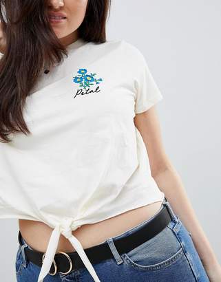 ASOS Curve CURVE Crop Tie Front T-Shirt With Cute Floral Embroidery Badge