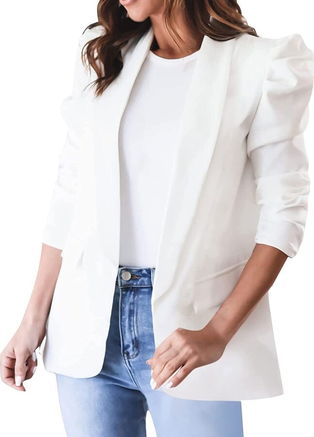 Hebezn Womens Puff Sleeve Blazers Lapel Open Front Long Sleeve Work