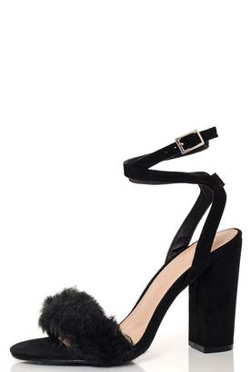 Quiz Black Faux Fur Detail Block Heel Sandals