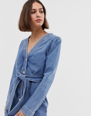 Selected button down denim dress with tie waist