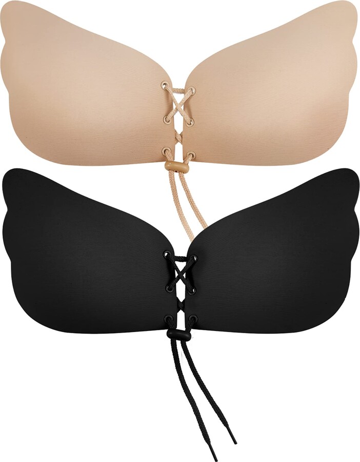 Bafully Invisible Adhesive Strapless Bra 2 Pack Sticky Push Up Silicone Bra  with Drawstring for Women (2 Pack (Black & Nude) - ShopStyle