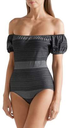 Lisa Marie Fernandez Leandra Off-the-shoulder Striped Cotton-blend Denim Swimsuit
