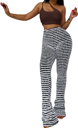 Chloefairy Women Fuzzy Pajama Pants Stacked Pants Black and White