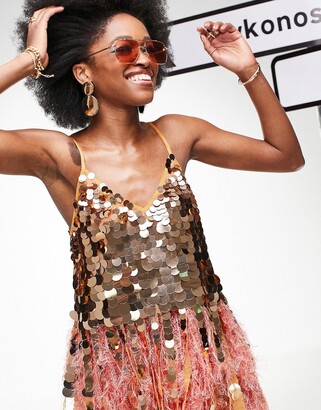 ASOS EDITION ASOS EDITION paillette sequin mini dress with faux feather hem in coral