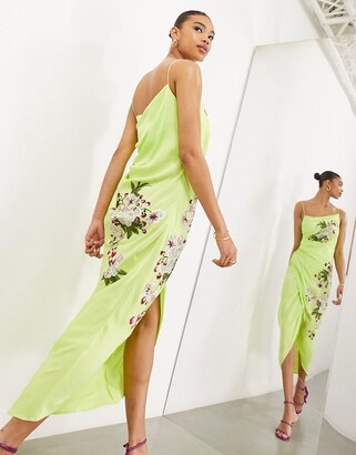 ASOS EDITION cherry blossom embroidery satin drape cami midi dress in lime green