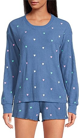 PJ Salvage Love Club Embroidered Hearts Long Sleeve Crew Neck Airy Waffle Knit Coordinating Sleep Top