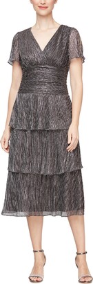 SL Fashions Women's Metallic Flutter-Sleeve Tiered Midi Dress