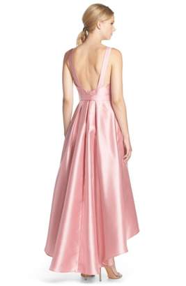 Alfred Sung High/Low Hem Sateen Twill Open Back Gown