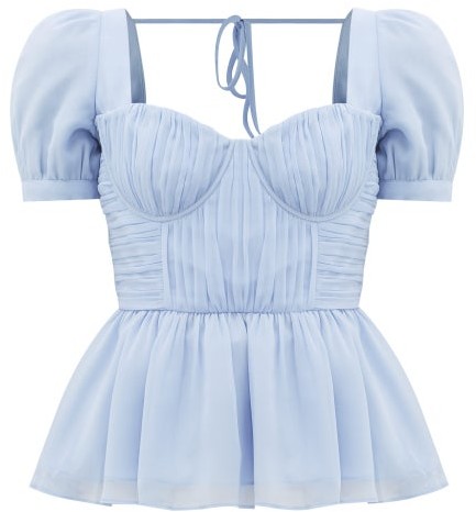 Self-portrait - Pleated Peplum-hem Crepe-chiffon Top - Light Blue